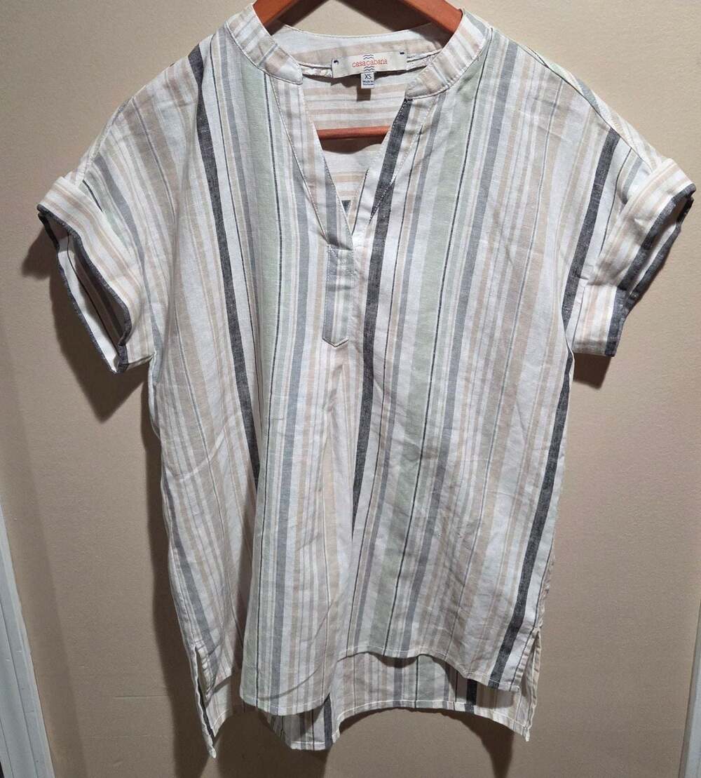 Casa Cabana Striped Short Sleeve V-Neck Popover Top XS Boho, minimalist